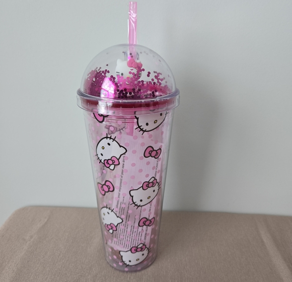 Hello Kitty Other - Hello Kitty Pink Glitter Dome Tumbler – 24oz Polka Dot Cup with Straw